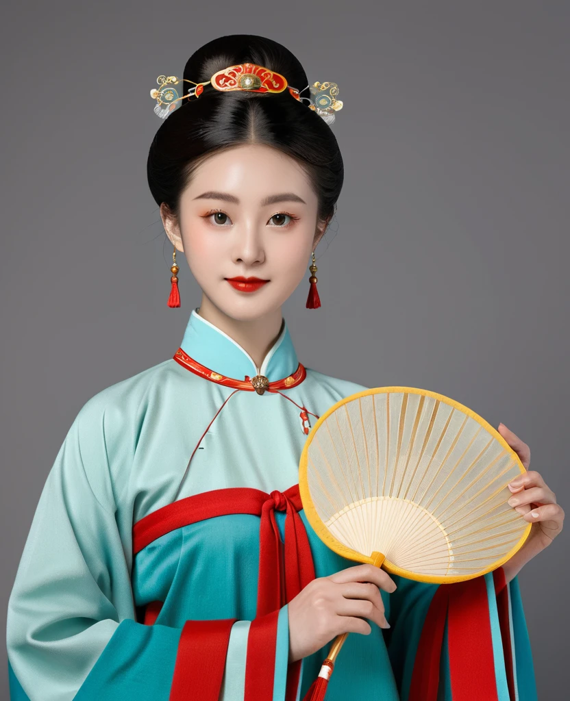 Chinese classical girl portrait,symmetry,Round Face,Bright Eyes,Smooth skin,Chinese Song Dynasty official uniform,egotistical,Holding a Chinese fan,Clean background