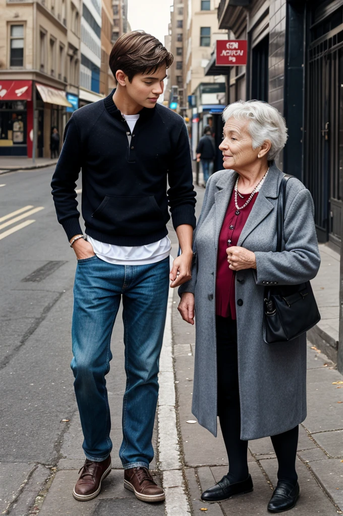 A boy passing an old woman on the street