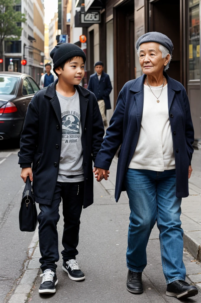 A boy passing an old woman on the street