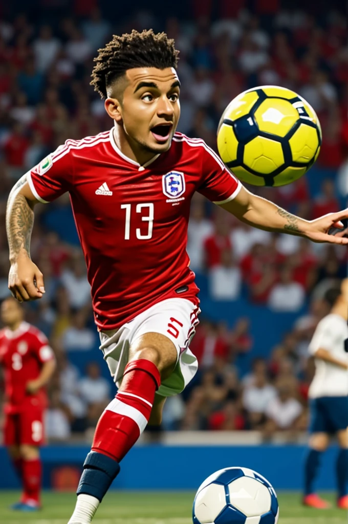 Animated mascot with a Chile shirt and a soccer ball 