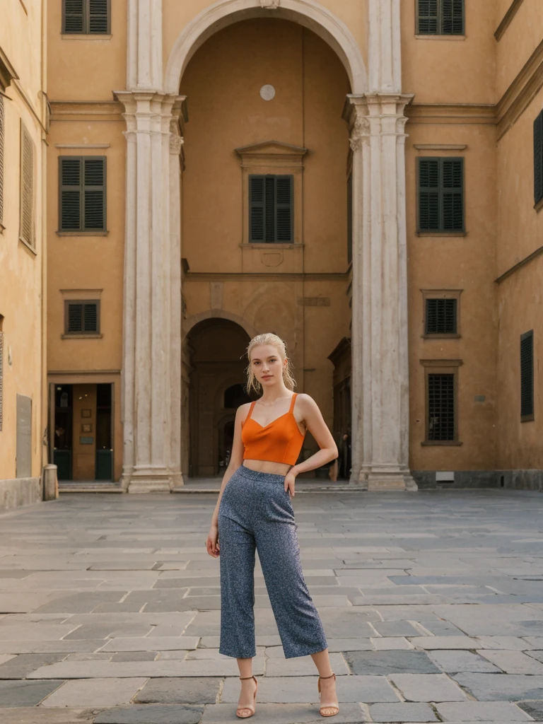 her name is Elle, high quality, 1girl, ((20-year-old fit Caucasian woman)), ((20 years old)), ((fit)), ((pale skin)), ((sleek ponytail blonde colored hair)) , wearing Ruby Red Embellished Bustier Top  + Orange High-Waisted Split-Hem Trousers, pose: standing, background: Write about the artistic splendor of Florence's Piazza della Signoria, with its open-air sculptures, grand Palazzo Vecchio, and the bustling atmosphere of street performers and tourists.