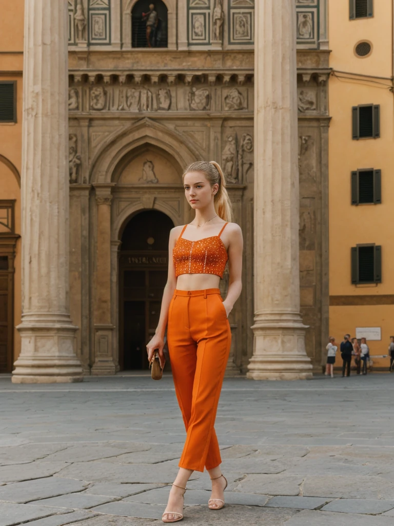 her name is Elle, high quality, 1girl, ((20-year-old fit Caucasian woman)), ((20 years old)), ((fit)), ((pale skin)), ((sleek ponytail blonde colored hair)) , wearing Ruby Red Embellished Bustier Top + Orange High-Waisted Split-Hem Trousers, pose: standing, background: Write about the artistic splendor of Florence's Piazza della Signoria, with its open-air sculptures, grand Palazzo Vecchio, and the bustling atmosphere of street performers and tourists.