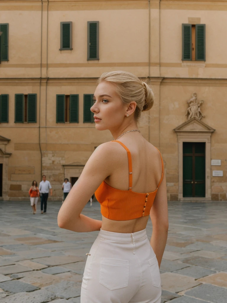 her name is Elle, high quality, 1girl, ((20-year-old fit Caucasian woman)), ((20 years old)), ((fit)), ((pale skin)), ((sleek ponytail blonde colored hair)) , wearing Ruby Red Embellished Bustier Top + Orange High-Waisted Split-Hem Trousers, pose: standing, background: Write about the artistic splendor of Florence's Piazza della Signoria, with its open-air sculptures, grand Palazzo Vecchio, and the bustling atmosphere of street performers and tourists.