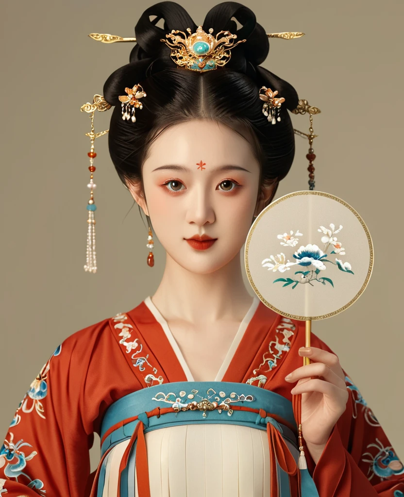 a beautiful young chinese girl in traditional song dynasty imperial court attire, symmetrical facial features, round face, bright eyes, smooth porcelain skin, holding an elegant chinese hand fan, clean background, (best quality,4k,8k,highres,masterpiece:1.2),ultra-detailed,(realistic,photorealistic,photo-realistic:1.37),intricate details,exquisite,elegant,refined,breathtaking,mesmerizing,magnificent