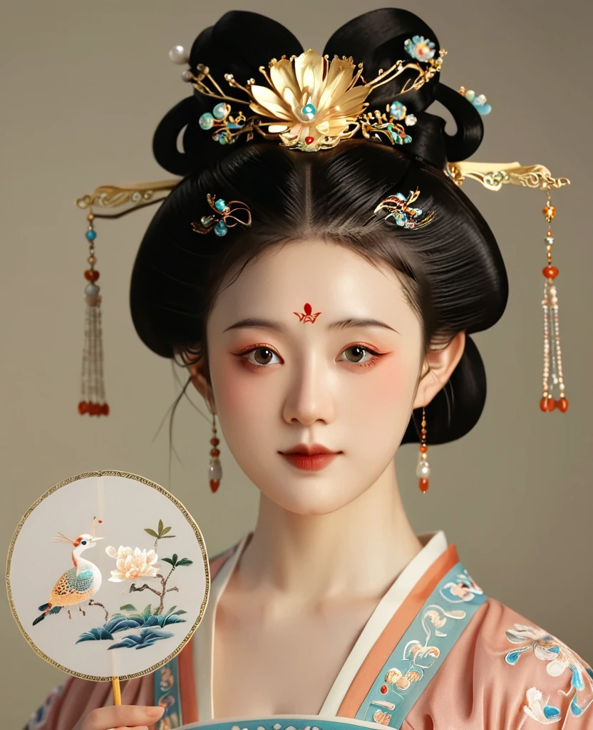 a beautiful young chinese girl in traditional song dynasty imperial court attire, symmetrical facial features, round face, bright eyes, smooth porcelain skin, holding an elegant chinese hand fan, clean background, (best quality,4k,8k,highres,masterpiece:1.2),ultra-detailed,(realistic,photorealistic,photo-realistic:1.37),intricate details,exquisite,elegant,refined,breathtaking,mesmerizing,magnificent