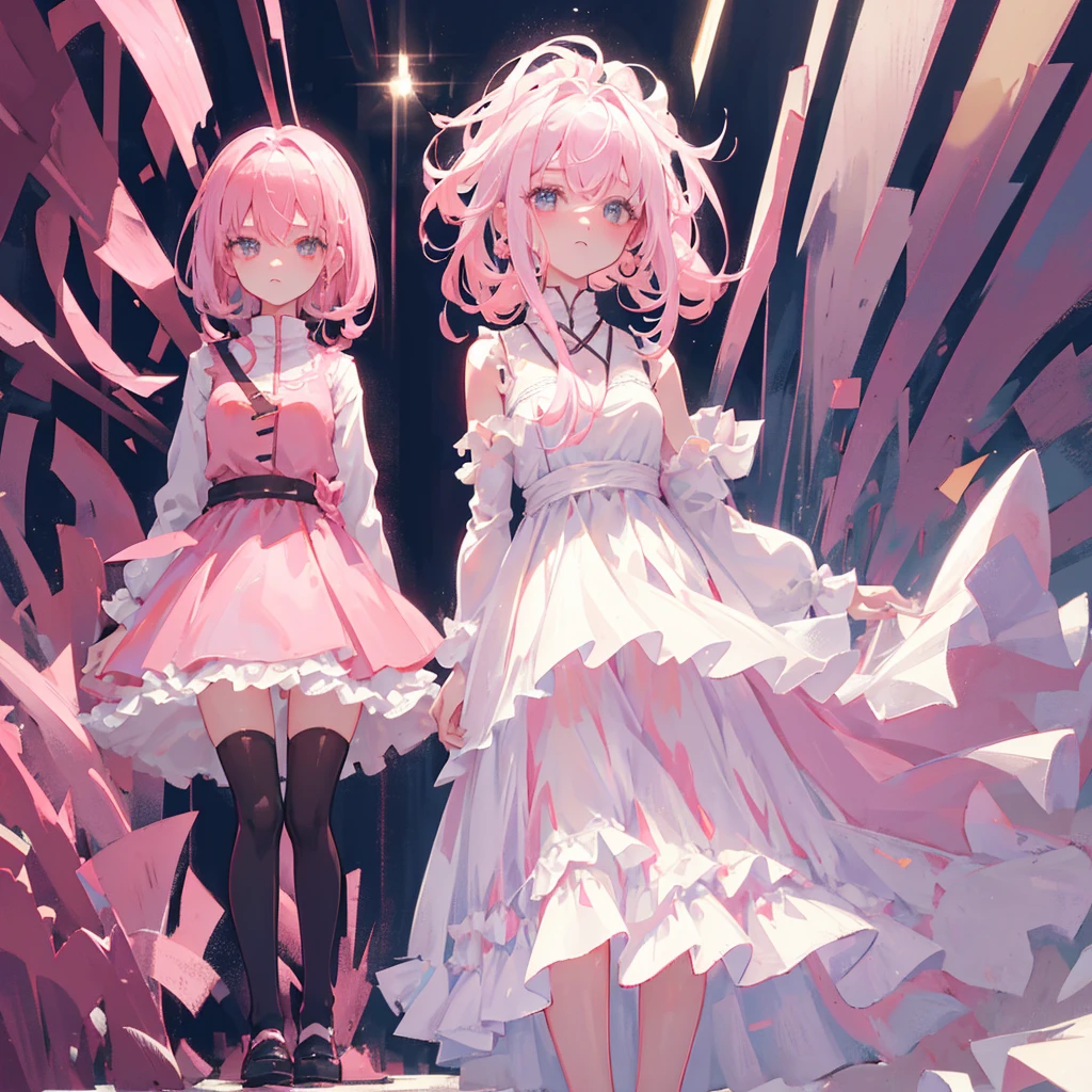 Two women,One with pink hair and one with white hair,A white dress and a pink dress,skirt,((Pure white background))