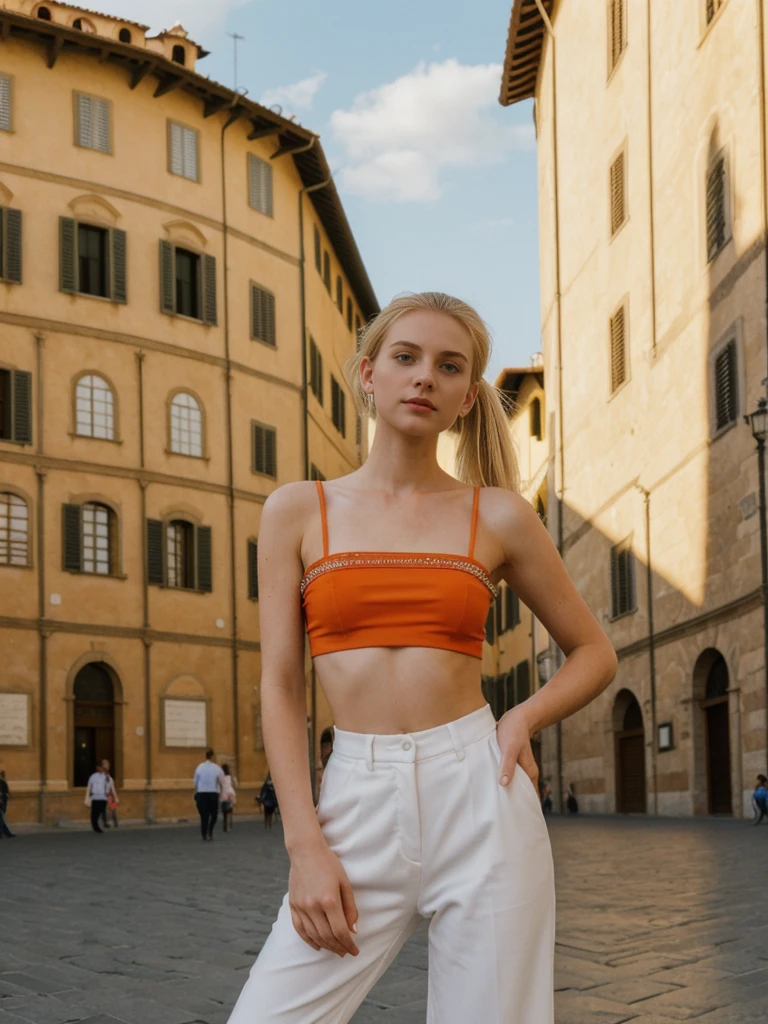 her name is Elle, high quality, 1girl, ((20-year-old fit Caucasian woman)), ((20 years old)), ((fit)), ((pale skin)), ((sleek ponytail blonde colored hair)) , wearing Ruby Red Embellished Bustier Top + Orange High-Waisted Split-Hem Trousers, pose: standing, background: Write about the artistic splendor of Florence's Piazza della Signoria, with its open-air sculptures, grand Palazzo Vecchio, and the bustling atmosphere of street performers and tourists.