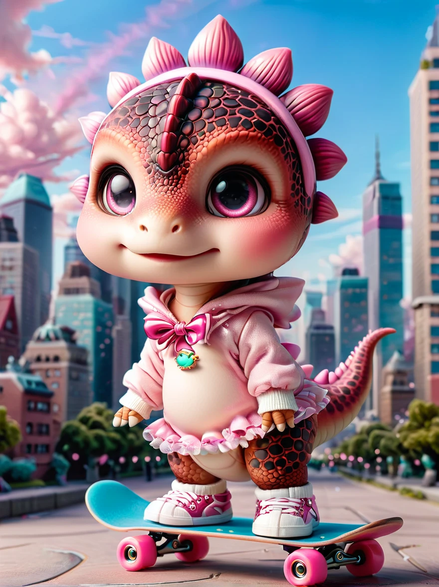 ral-smoldino, A girl dressed in a pink dinosaur costume, Pink sneakers, strike a playful pose, Standing on a skateboard, Pink Eyes, proudly, Cartoon Style, full-body shot, City skyline background, Created with C4D and Blender, Blind box toy styles, Super Detail, Anatomically correct, masterpiece, precise