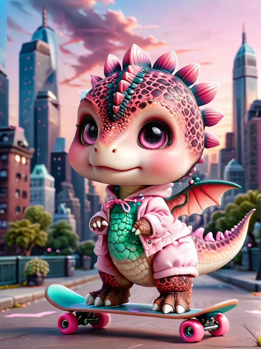 ral-smoldino, A girl dressed in a pink dinosaur costume, Pink sneakers, strike a playful pose, Standing on a skateboard, Pink Eyes, proudly, Cartoon Style, full-body shot, City skyline background, Created with C4D and Blender, Blind box toy styles, Super Detail, Anatomically correct, masterpiece, precise