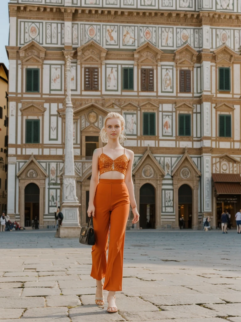 her name is Elle, high quality, 1girl, ((20-year-old fit Caucasian woman)), ((20 years old)), ((fit)), ((pale skin)), ((sleek ponytail blonde colored hair)) , wearing Ruby Red Embellished Bustier Top + Orange High-Waisted Split-Hem Trousers, pose: standing, background: Write about the artistic splendor of Florence's Piazza della Signoria, with its open-air sculptures, grand Palazzo Vecchio, and the bustling atmosphere of street performers and tourists.