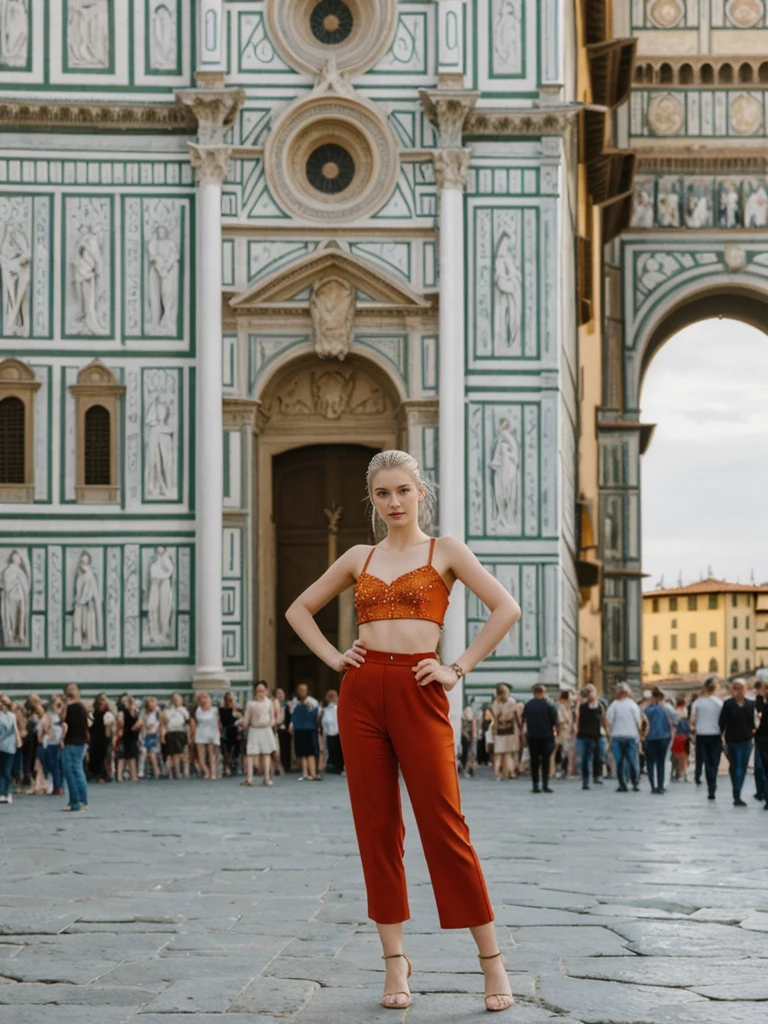 her name is Elle, high quality, 1girl, ((20-year-old fit Caucasian woman)), ((20 years old)), ((fit)), ((pale skin)), ((sleek ponytail blonde colored hair)) , wearing Ruby Red Embellished Bustier Top + Orange High-Waisted Split-Hem Trousers, pose: standing, background: Write about the artistic splendor of Florence's Piazza della Signoria, with its open-air sculptures, grand Palazzo Vecchio, and the bustling atmosphere of street performers and tourists.