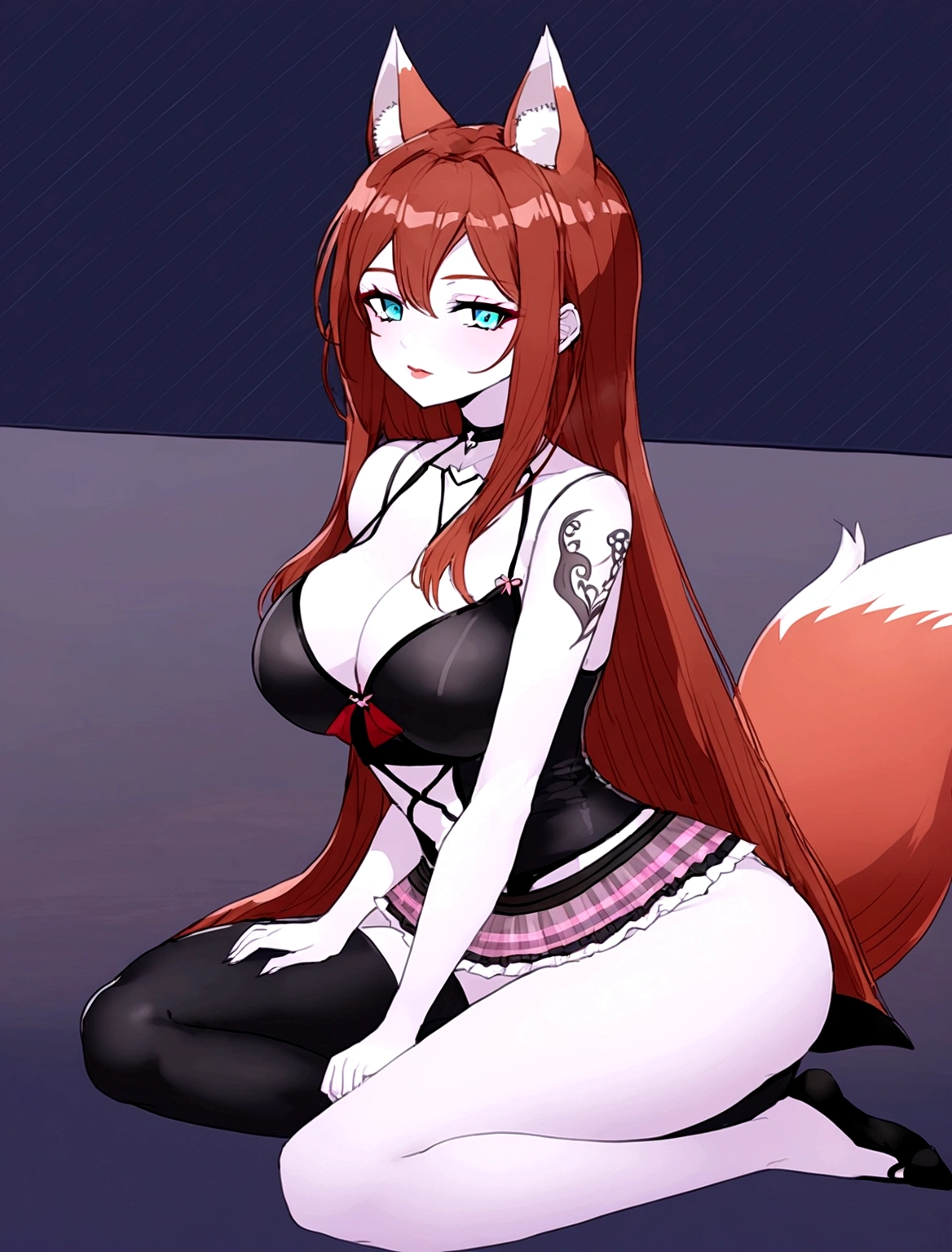 a redhead woman, very long hair falling to butt height. She is wearing a purple blouse that highlights her large breasts.. She has red fox ears, with the inside of the ears in light pink, and a red fox tail with a light pink tip. Only his left arm is completely tattooed. She has fair white skin and a slim body with blue eyes.