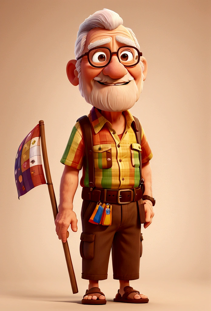 An elderly man next to a stretched out flag, with medium beard, smiling, wearing a colorful flower shirt. He is wearing flip-flops and brown shorts. left hand holds a brown flag, The man is standing facing the viewer. money bills are coming out of your blouse pocket. pixar model, 3 d drawing, detailedeyes, flag on the side