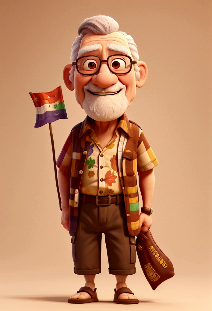 An elderly man next to a stretched out flag, with medium beard, smiling, wearing a colorful flower shirt. He is wearing flip-flops and brown shorts. left hand holds a brown flag, The man is standing facing the viewer. money bills are coming out of your blouse pocket. pixar model, 3 d drawing, detailedeyes, flag on the side
