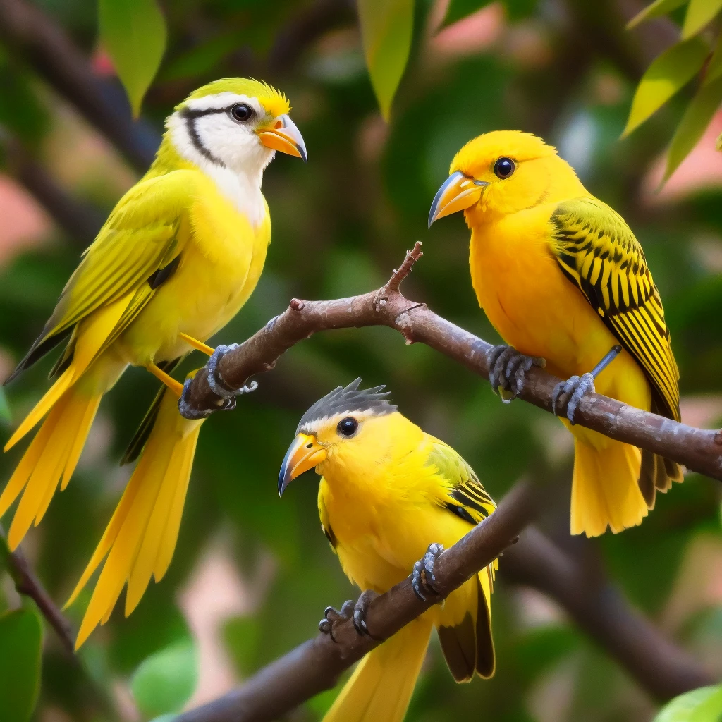 yellow bird perched on a branch of a tree with green leaves, yellow beak, young adult male, with a bright yellow aureola, with a yellow beak, yellow, male, young male, bird, large yellow eyes, Broad shouldered, bird類, Close-up photo, glossy yellow, Profile shot, figure, rounded beak, elaborate composition, an figure