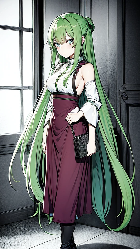 Anime woman with long green hair, looking around corner, blushing