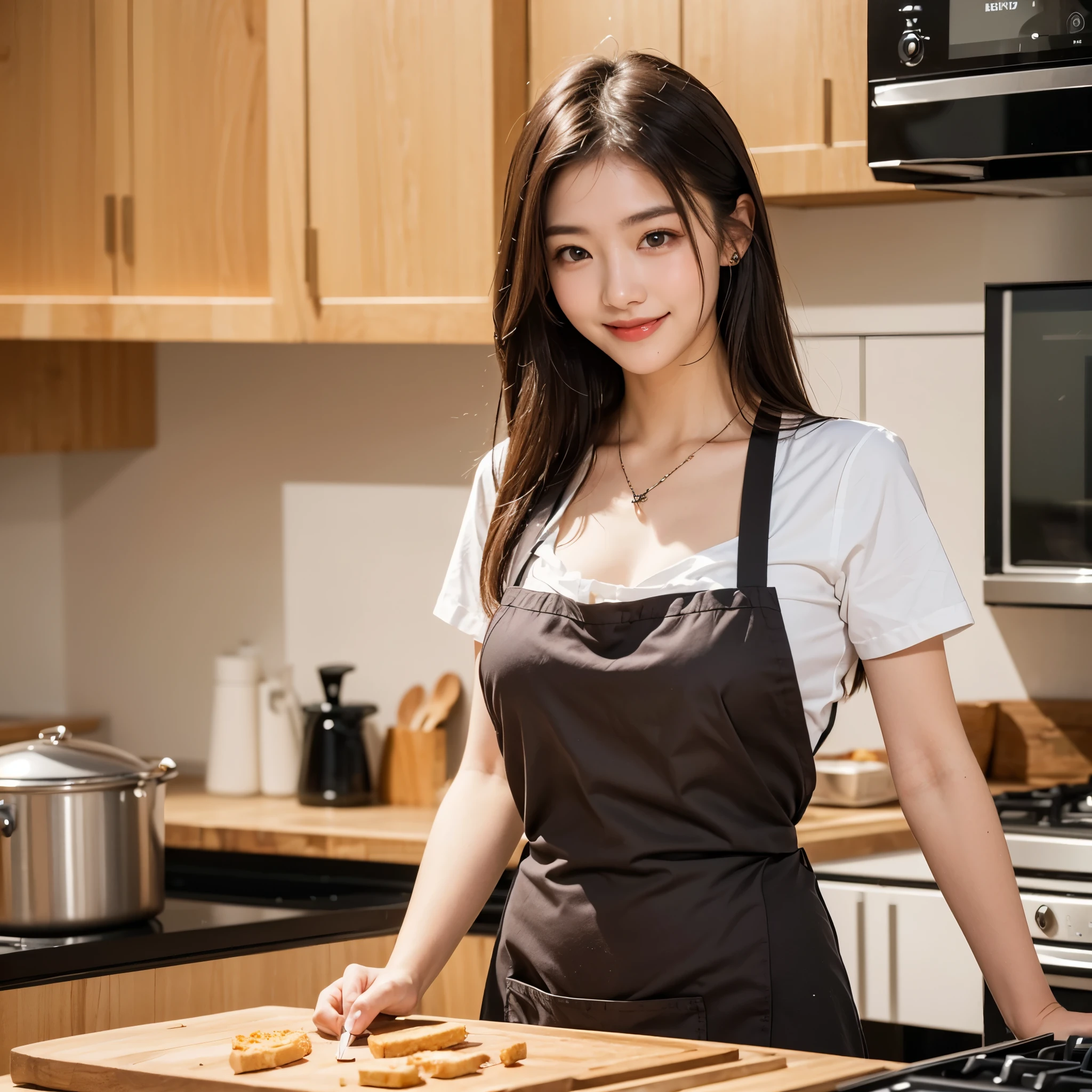 (Highest quality, 8K, masterpiece: 1.3), Beautiful woman with perfect figure: 1.4, Dark brown hair, Wearing a pendant, Wearing an apron, In the kitchen,Wearing underwear, Highly detailed face and skin, Fine grain, double eyelid, Big Breasts, smile