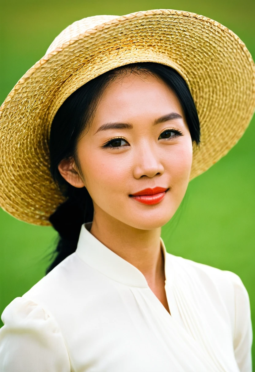 There is a woman wearing a hat and a white dress, Wearing a straw hat, a 若いAsian Woman, Wearing a straw hatいる, Asian Woman, 若いAsian Woman, she is wearing a hat, With hat, 3. 5mm Portrait, Cover photo: Portrait of Du Jouin, Women's photos, Soft Portrait Shot 8k, 60mm Portrait, 50mm Portrait