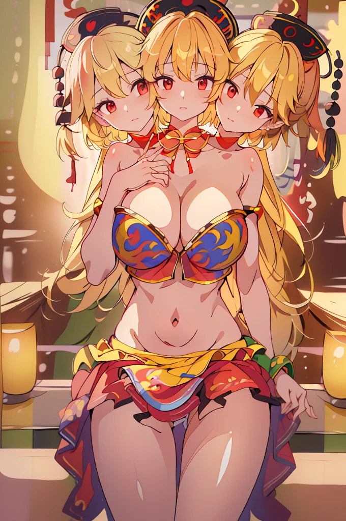 (masterpiece, best quality), best quality, (ultra-detailed), (3heads:1.5), 1girl, (junko (touhou):1.3), masterpiece, top best quality, ultra quality, ultra resolution, ultra detail, black top, crop top, ((stomach)), midriff, ((groin)), red and black skirt, normal ears, shackles, blonde hair, very long hair, wavy hair, sidelocks, red eyes, parted lips, ((blonde)), sweat, cute, toned belly, hand on own chest, eyelashes, (25 year old woman:1.3), (masterpiece:1.5), (best quality:1.5), (beautiful detailed), extremely detailed CG, extremely delicate and beautiful, depth of field, (finely detailed face), (perfect details:1.3), (mature female:1.3), wide pelvis, slender, large veiny breast, 16k resolution, highres, very high quality, very high definition, extremely detailed, masterpiece, blonde hair, long hair, alluring presence, braid, short skirt, close up, very big tits, huge tits, young, chinese clothes, hair ornament, chinese headdress, adult woman, blonde woman, milf, same hair color, ((blonde hair)),