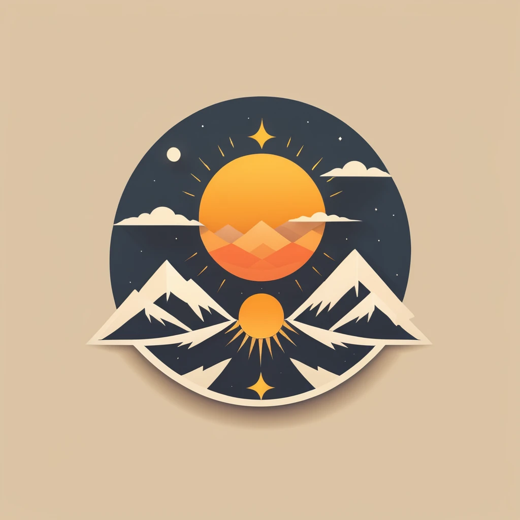 A very stylized sun with mountains around it