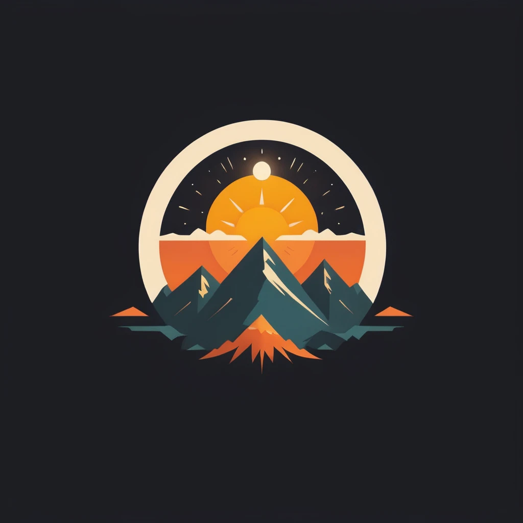 A very stylized sun with mountains around it