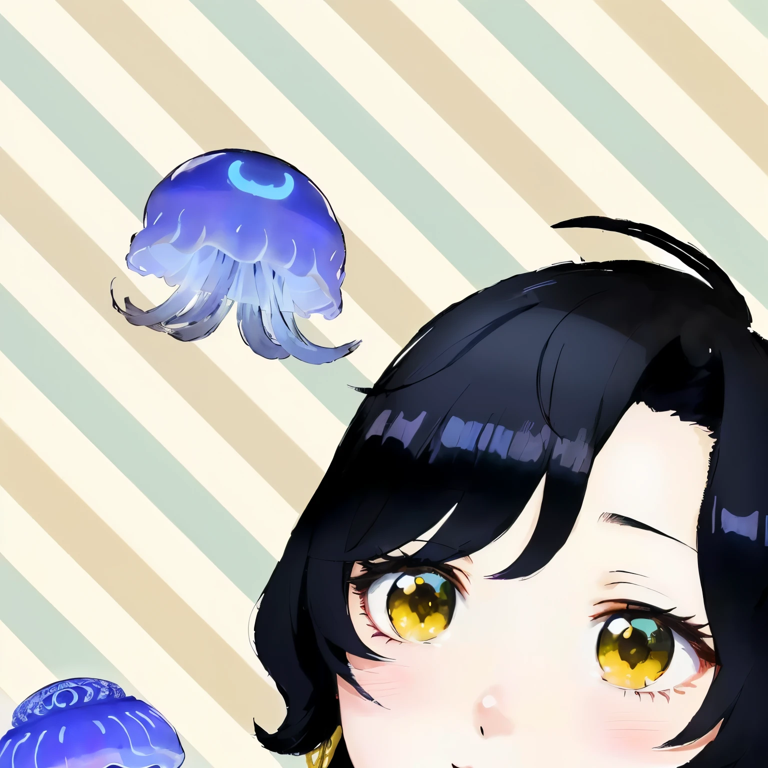 Anime girl with black hair and yellow eyes, 8K, Cute realistic portrait, Cute anime style, Jellyfish Shrine Maiden,smile, summer, Neat and cute art style, Jellyfish Shrine Maiden, jellyfish element, Anime Moe Art Style, wallpaper!, In anime style, I also make fan art, inspired by Takehisa Yumeji, Loish and clamp styles