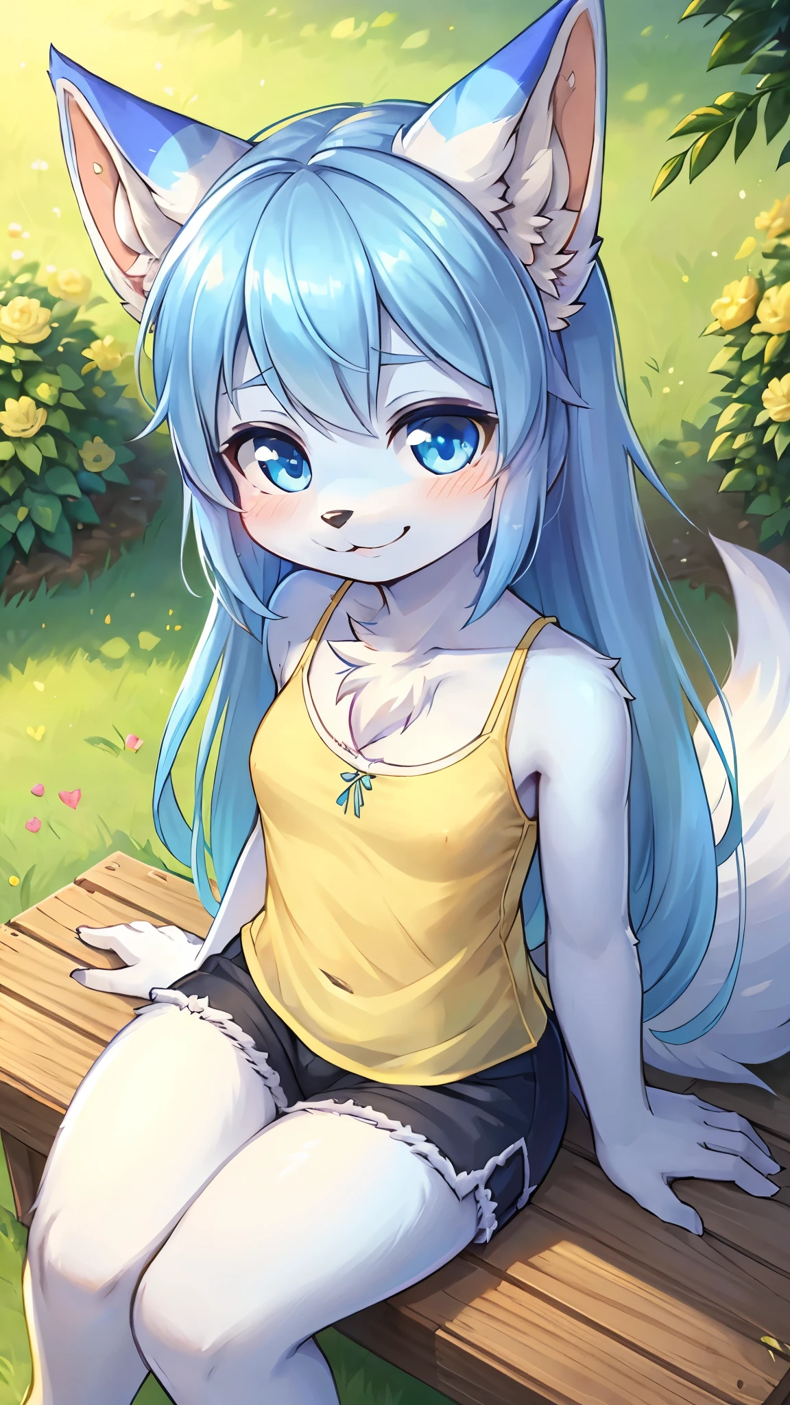 best quality,best resolution,(fluffy anthro furry :1.6),(young :1.8),cat girl,small breasts,(light blue hair),long hair,blue eyes,glistering eyes,sparkle eyes,(light blue fur),(yellow camisole :1.6),black shorts,flower hairpin,public park,sunbeam,full face blush,looking at viewer,(heart expression eyes),(heart eyes),shy face,smile,sitting,high angle