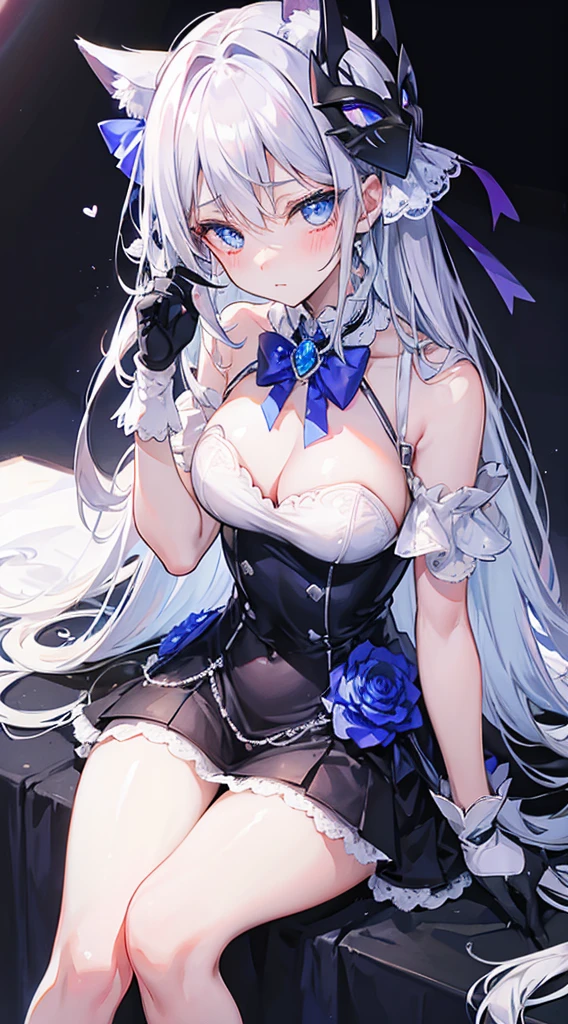 Silver hair bow tie on hair blue eyes with heart shape pupils in blushing while sitting gloves arm length mask on face