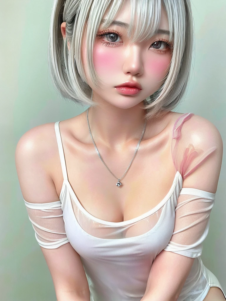 (((amount、White 、Asian Woman、beautiful girl、Silver Hair、White Background、)))、Tabletop, Highest quality, shape, Very detailed, finely, High resolution, 8k wallpaper, Perfect dynamic composition, finelyて美しい目, Deco Out, Medium Hair, Small breasts, Natural color lip,White Background, Random cute poses,White tank top、(((See-through 1.5)))、Necklaces and earrings、