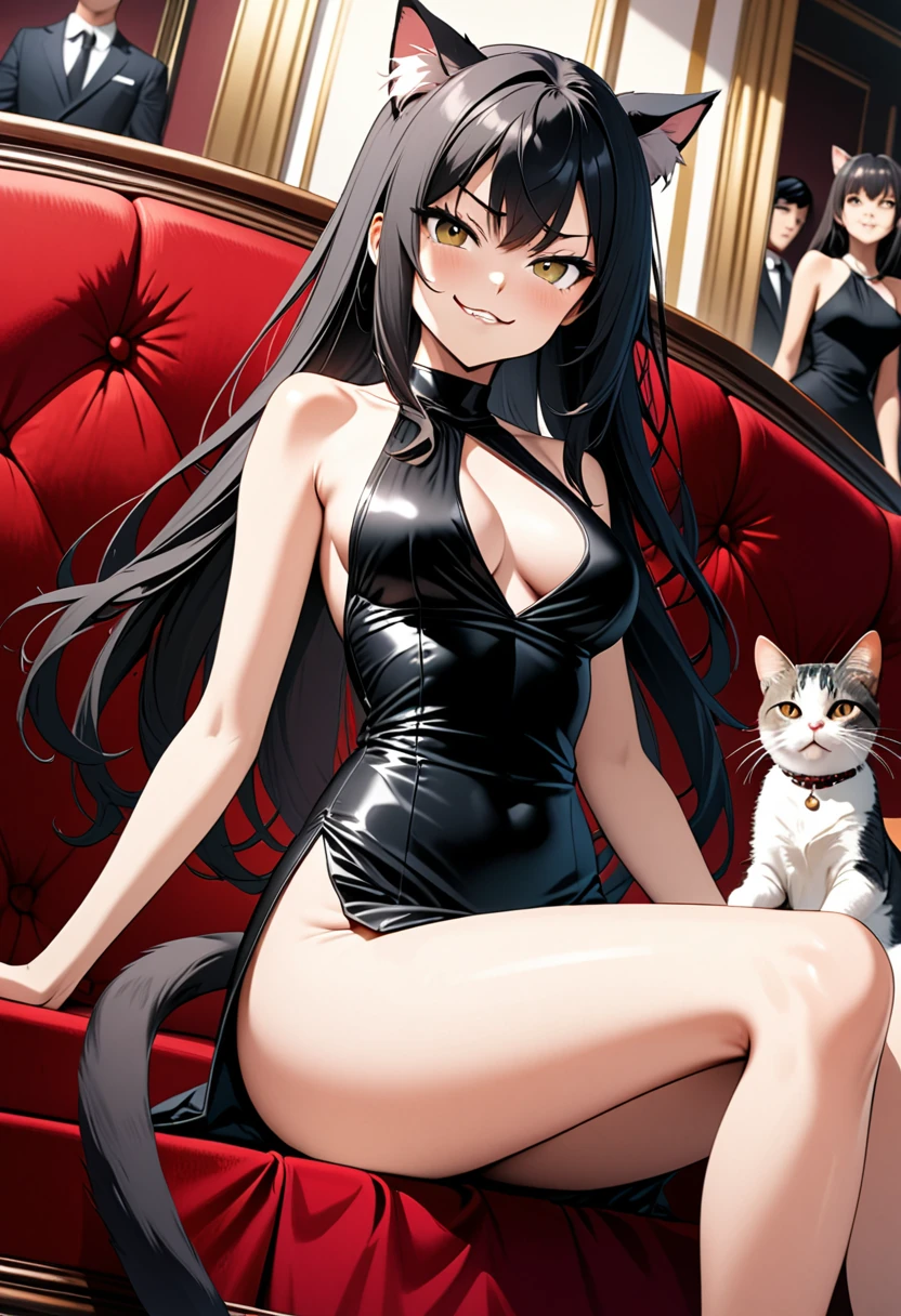 detailed illustration, dynamic angle, ultra-detailed, illustration, 1girl, medium breasts, black club dress, sitting on a red velvet couch, catgirl, cats, black hair, long hair, cat ears, cat tail, smirk, proud, arrogant, 
