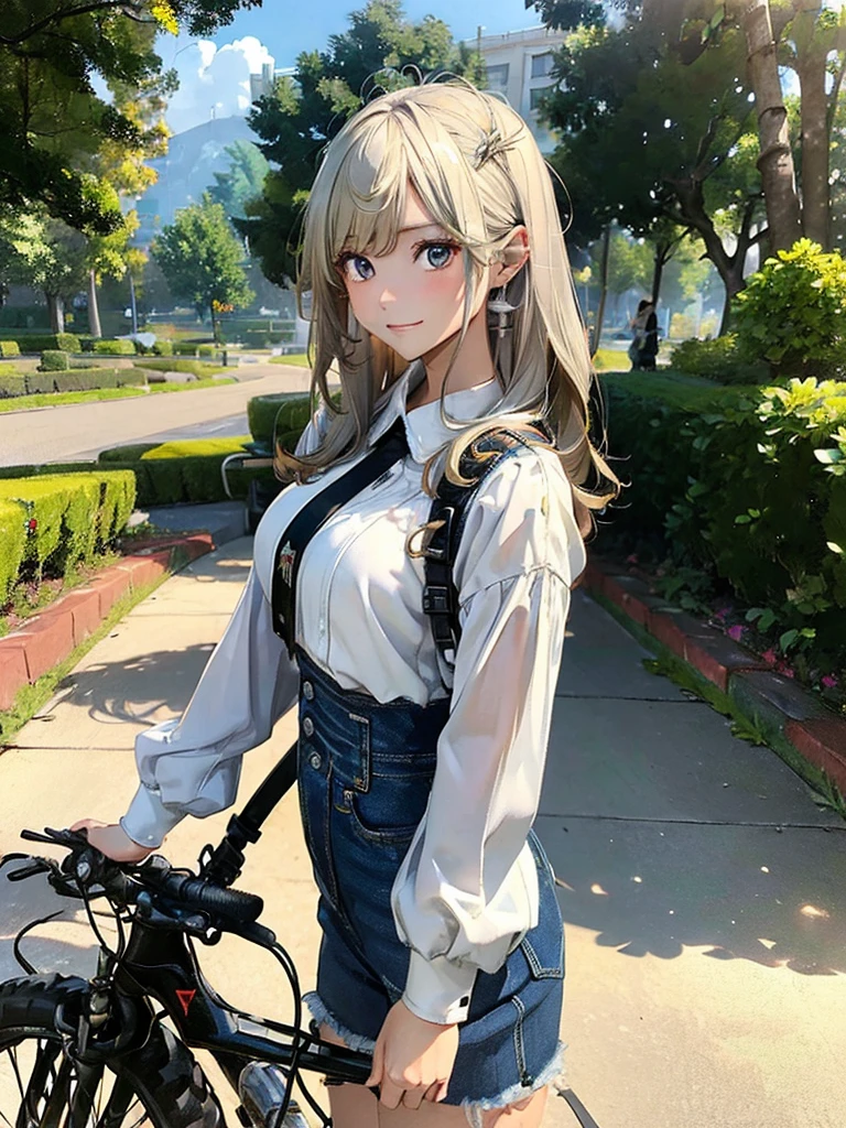 ((((work of art)))), Cao Cao quality, lots_Cao Cao_resolution, big fit ass_file size, full color, steam punk featuring a futuristic planet,, in a distant forest, bustling alien markets, and an off-road bike. The protagonist is a stunning girl in the upper body, 1 person, blonde, 小柄, bob, silver smile, mechanized weapons. wearing a white blouse, distressed denim shorts, engineer boots, and riding an off-road bike. Beauthfull,