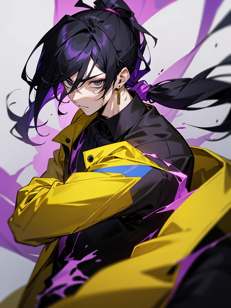 Male character with black hair with a half ponytail and a black eyes u. Black collar, black shirt, anime style, manga style and long hair that is from an anime drawing. With a black shirt with yellow earrings and a yellow jacket and with blood, a lot of blood on his face, a jacket without long sleeves. That he has a purple aura all over his body and his blue hands.