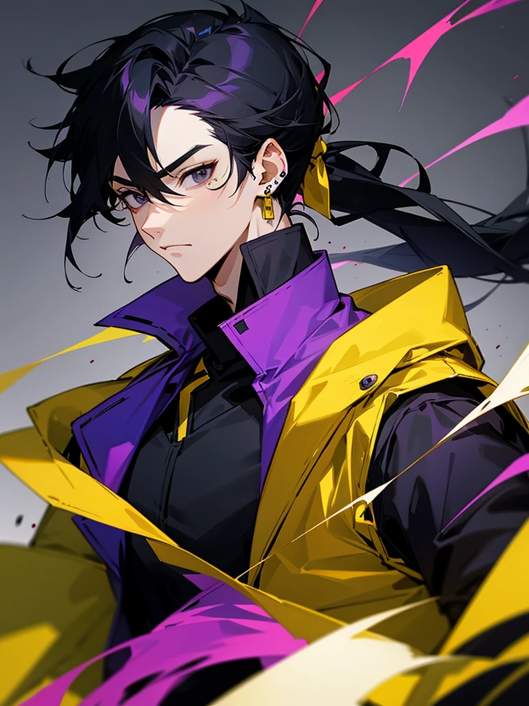 Male character with black hair with a half ponytail and a black eyes u. Black collar, black shirt, anime style, manga style and long hair that is from an anime drawing. With a black shirt with yellow earrings and a yellow jacket and with blood, a lot of blood on his face, a jacket without long sleeves. That he has a purple aura all over his body and his blue hands.