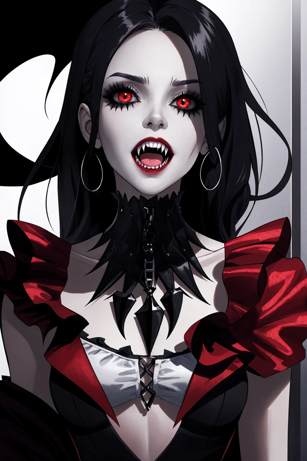 Mujer arafed con maquillaje negro y rojo y Vampire teeth., with fangs, Vampire teeth, vampire girl, sharp Vampire teeth, vampire portrait, fangs, female vampire, androgynous vampire, vampire fangs, scary vampire, sharp and pointy Vampire teeth, vampire woman, fangs extended, fangs and drool, mouth open