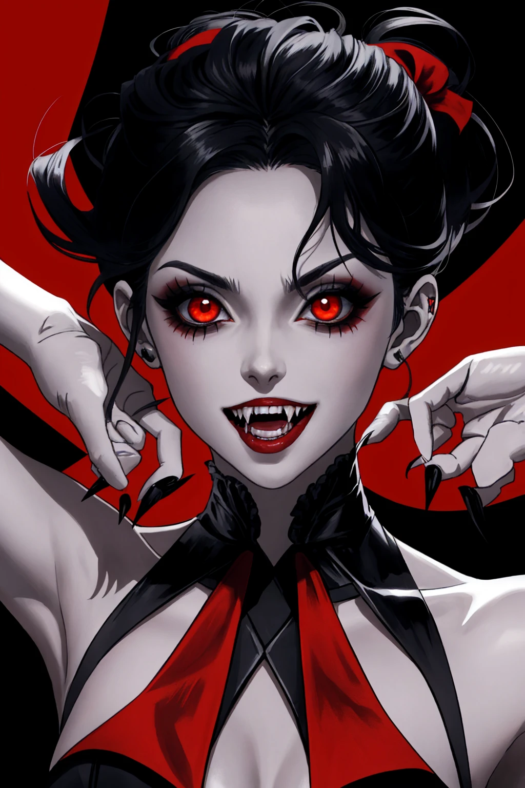 Mujer arafed con maquillaje negro y rojo y Vampire teeth., with fangs, Vampire teeth, vampire girl, sharp Vampire teeth, vampire portrait, fangs, female vampire, androgynous vampire, vampire fangs, scary vampire, sharp and pointy Vampire teeth, vampire woman, fangs extended, fangs and drool, mouth open