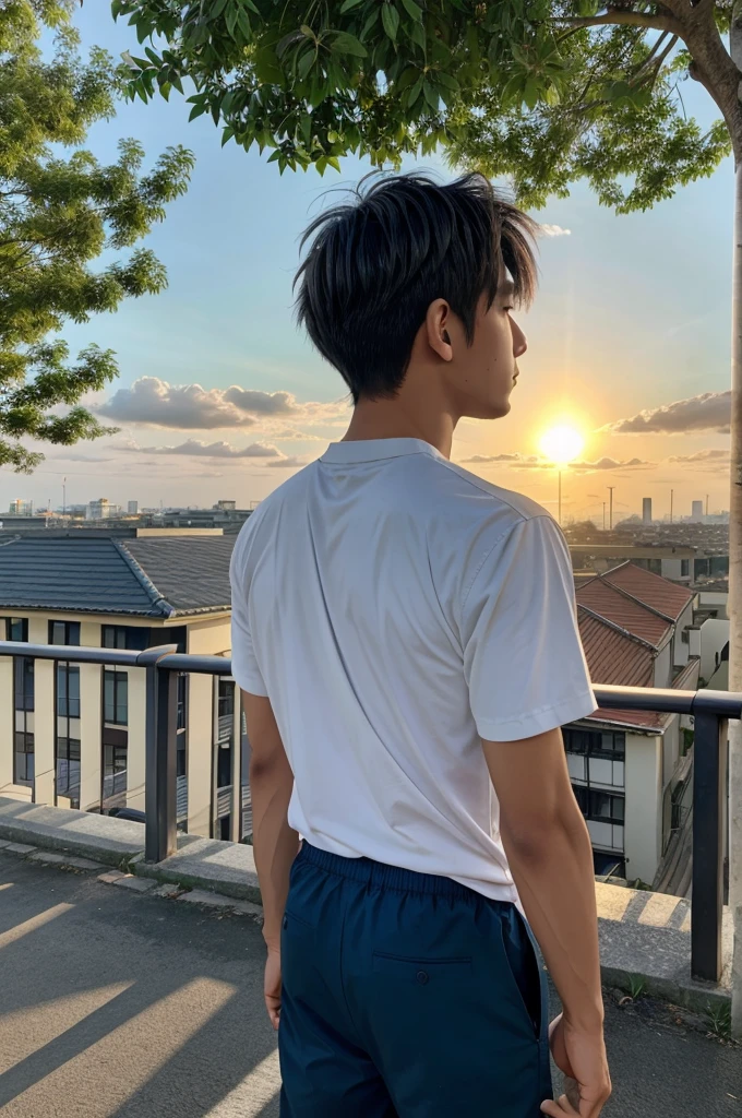 Anime boy back
Morning sun
Village and city
Sky