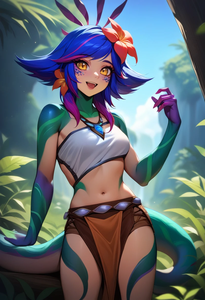 masterpiece, best quality, 1girl, (realistic:0.2) neeko, colored skin, multicolored hair, hair ornament, hair flower, necklace, no shirt, midriff, brown shorts, loincloth, lizard tail, facial mark, upper body, :D, jungle, looking at viewer, blue sky