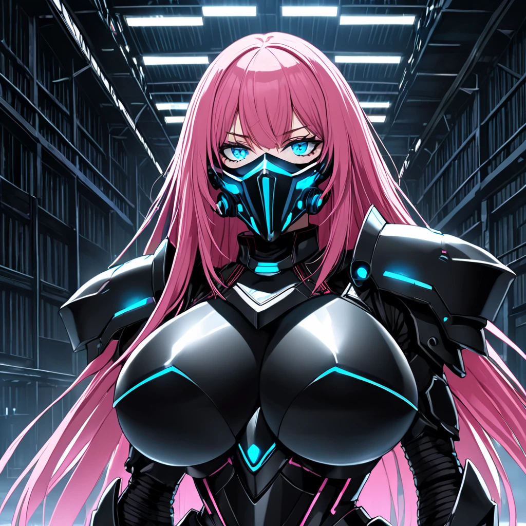 1girl,solo,pink hair color,long hair,light blue eyes,gigantic huge breasts,Wearing black sci-fi armor,Armor adheres closely to body lines,Cyber mask covering mouth,expressionless,icy stare,cold expression,Ruthless,disgusted eyes,close mouth,looking at viewer,near breasts,standing up,In a dimly lit warehouse