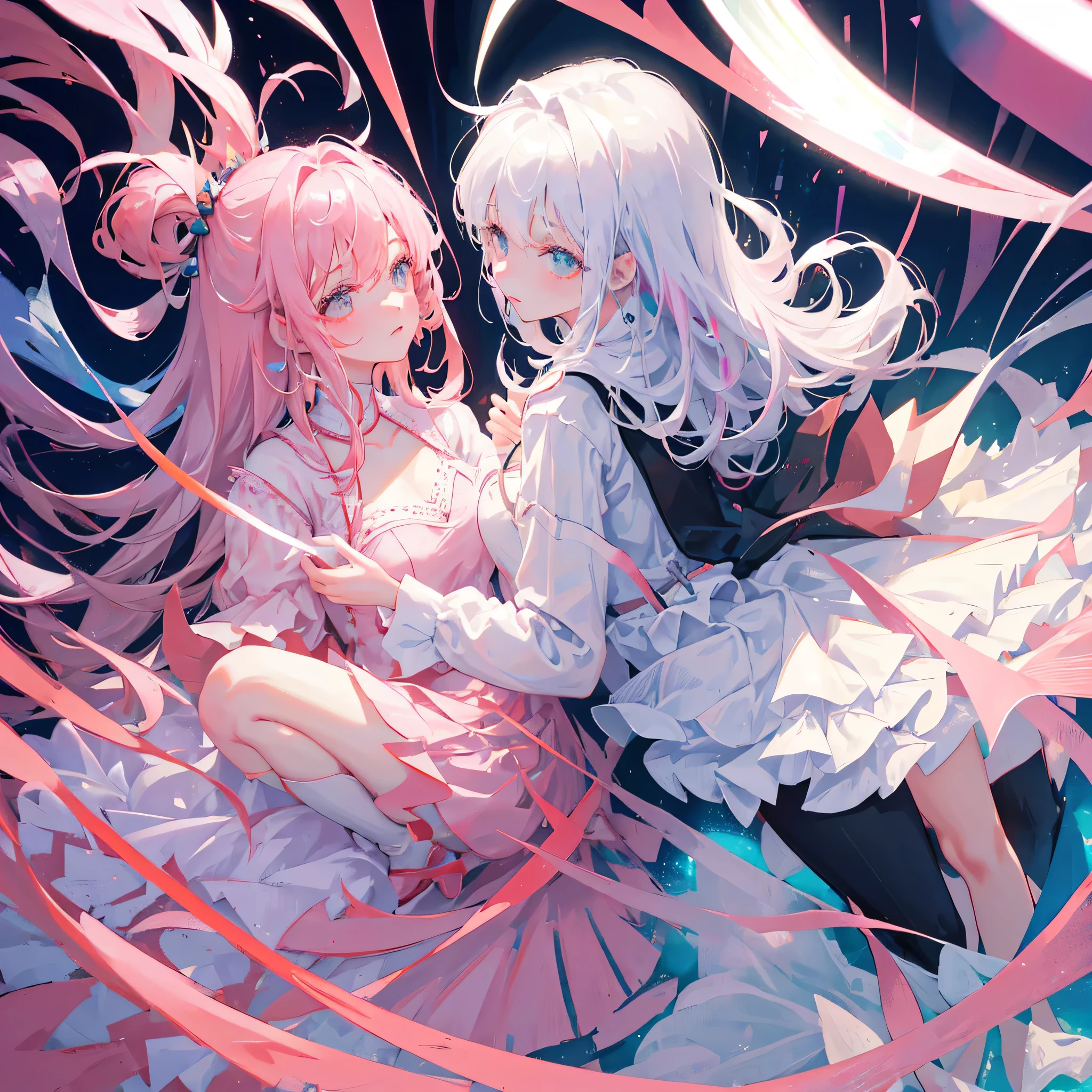 Two women,One with pink hair and one with white hair,A white dress and a pink dress,skirt,((Pure white background))