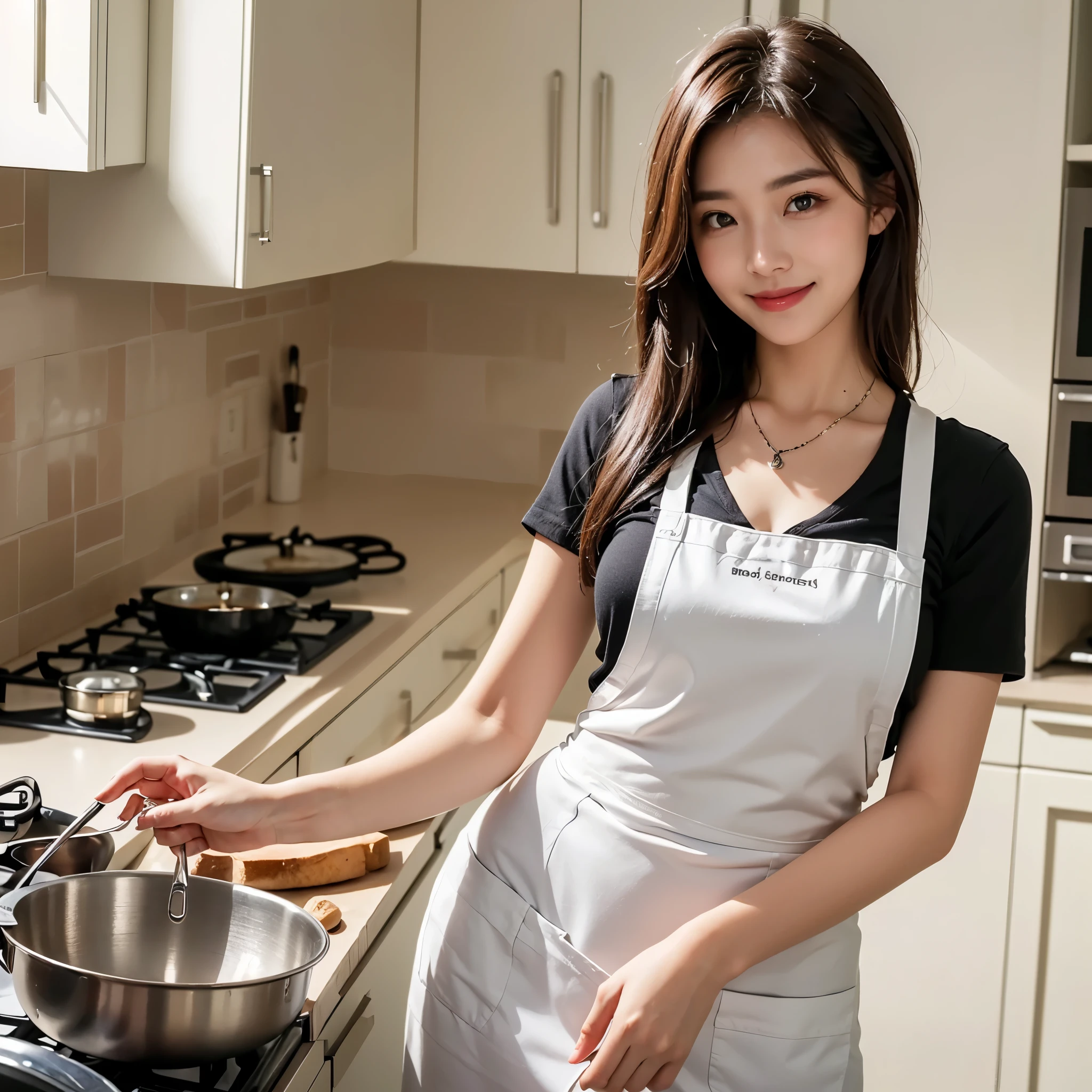 (Highest quality, 8K, masterpiece: 1.3), Beautiful woman with perfect figure: 1.4, Dark brown hair, Wearing a pendant, Wearing an apron, In the kitchen,Wearing underwear, Highly detailed face and skin, Fine grain, double eyelid, Big Breasts, smile