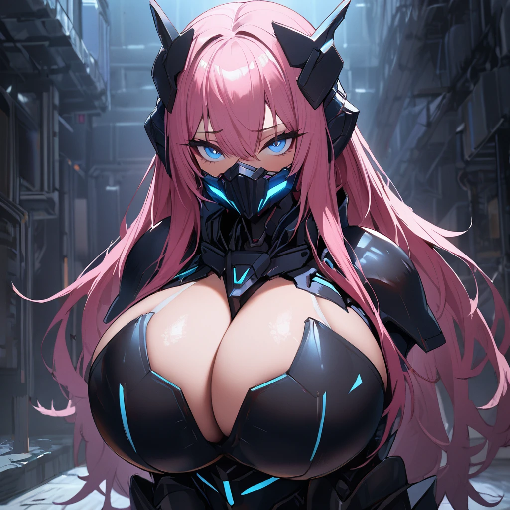 1girl,solo,pink hair color,long hair,light blue eyes,gigantic huge breasts,Wearing black sci-fi armor,Armor adheres closely to body lines,Cyber mask covering mouth,expressionless,icy stare,cold expression,Ruthless,disgusted eyes,close mouth,looking at viewer,near breasts,standing up,In a dimly lit warehouse