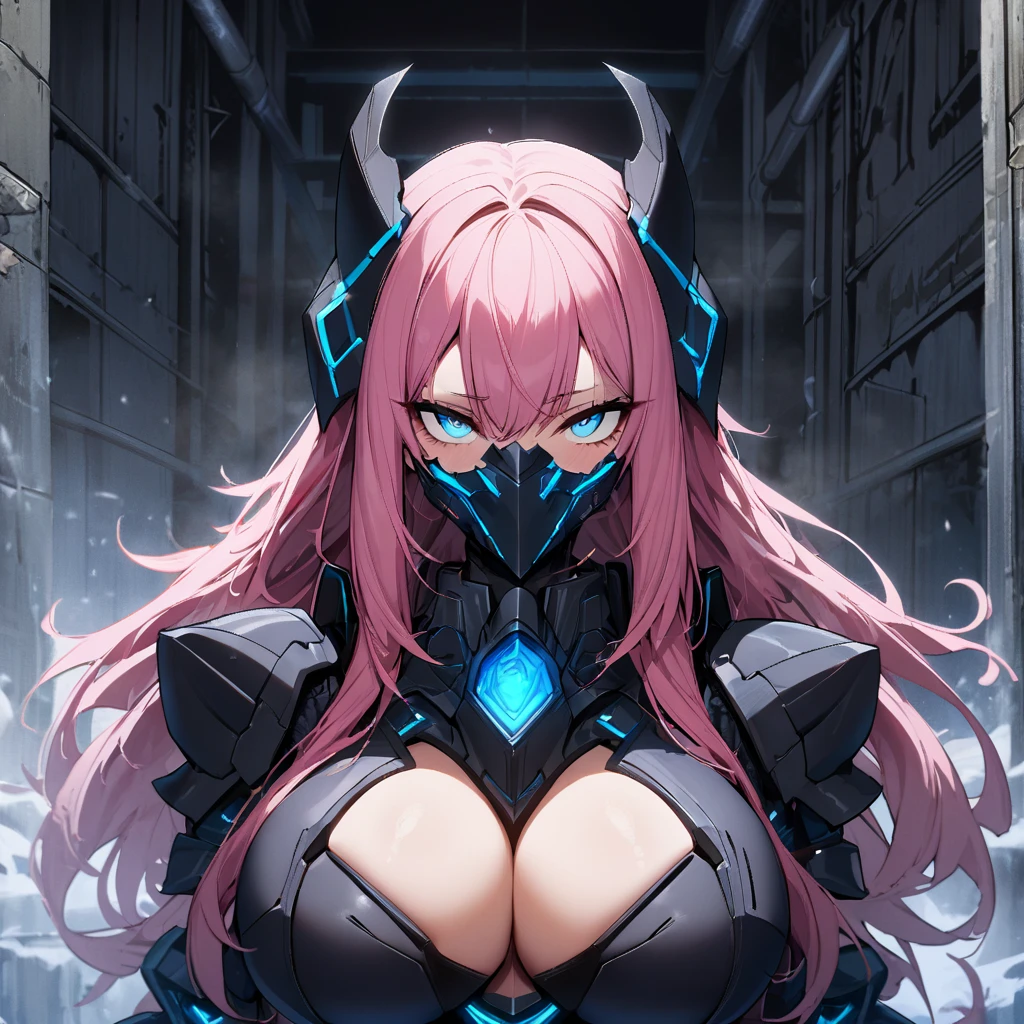 1girl,solo,pink hair color,long hair,light blue eyes,gigantic huge breasts,Wearing black sci-fi armor,Armor adheres closely to body lines,Cyber mask covering mouth,expressionless,icy stare,cold expression,Ruthless,disgusted eyes,close mouth,looking at viewer,near breasts,standing up,In a dimly lit warehouse