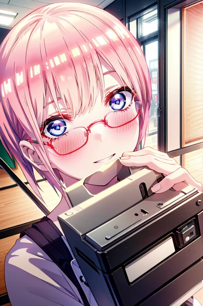 ichikanakano, Nakano Ichika, short hair, bangs, blue eyes, Hair between the eyes, Pink Hair, Grin,smile,Glasses,black tank top shirt,Skinny jeans,Stiletto heels,interior,There is a computer on the table,whole bodyがイラストに入るように,Walking,Daytime,Clear skies,
break indoors, office,
break looking at viewer,whole body,
break (masterpiece:1.2), Highest quality, High resolution, unity 8k wallpaper, (figure:0.8), (Beautiful attention to detail:1.6), Highly detailed face, Perfect lighting, Highly detailed CG, (Perfect hands, Perfect Anatomy),