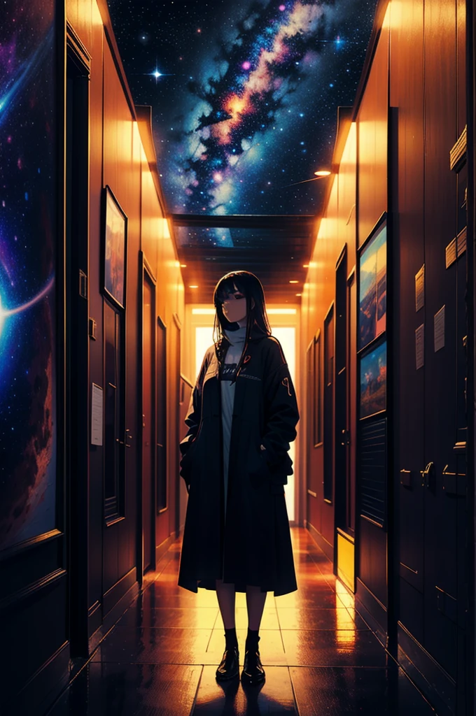 A woman stands in front of a painting of planets, Futuristic city in the background, Psychic Trance Artwork, Interconnected human life, Panoramic view of the girl, progressive rock album covers, An endless dream, Stardust, Milky Way, Stoner Rock --ar 16:9-5 o&#39;clock.1