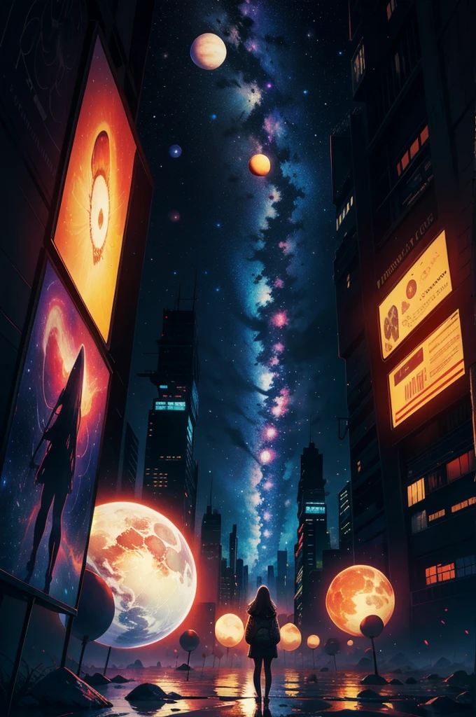 A woman stands in front of a painting of planets, Futuristic city in the background, Psychic Trance Artwork, Interconnected human life, Panoramic view of the girl, progressive rock album covers, An endless dream, Stardust, Milky Way, Stoner Rock --ar 16:9-5 o'clock.1