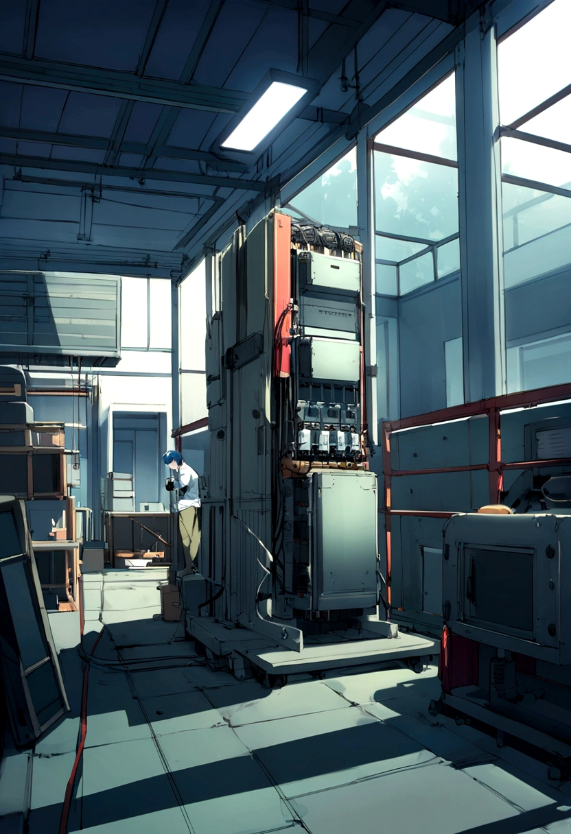automatic voltage regulator 3 phase in the office protecting equipment like big machineries anime guy working on the panels