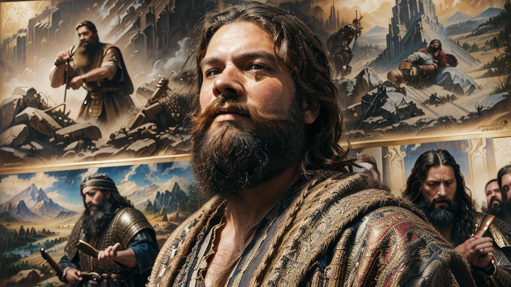 a man with a beard and beard in front of a painting, designed Struzan illustration art, designed Struzan inspiration, epic biblical depiction, biblical epic movie, designed Struzan. epic, designed Struzan style art, amazing wallpaper, wallpaper hd, ultra detailed digital art, moisés, por Drew Struzan, highly detailed digital art in 4k, Mark Brooks detailed
