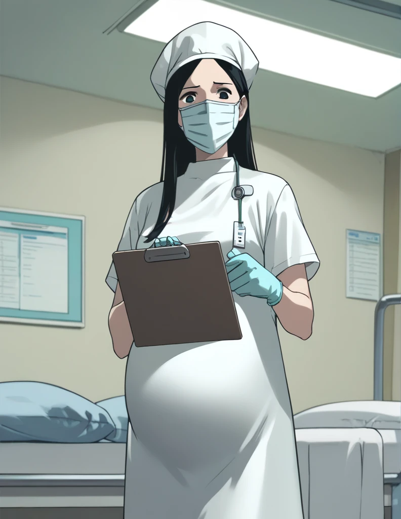 score_9, score_8_up, score_7_up, source_anime, kasuganoray, pale skin, shy eyes, long hair, scrubs, surgical mask, surgical cap, long surgical gown,
1girl, pregnant, solo, rubber gloves, clipboard, looking down, furrowed brow, privacy screen, hospital bed, standing