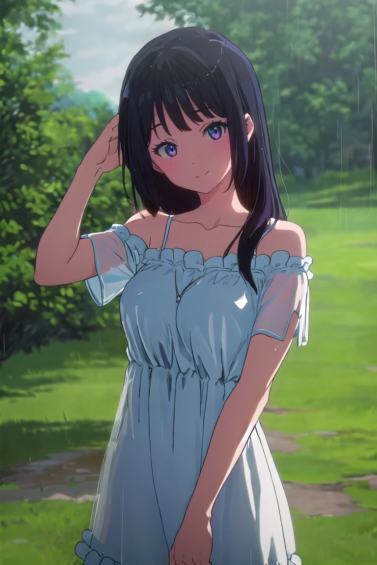 masterpiece, best quality, outdoors, field, grass, forest, rain, water drop,
1girl, solo, looking at viewer, cowboy shot, leaning forward, head tilt, shirt, blue shirt, collarbone, short sleeves, t-shirt, off shoulder, oversized shirt, naked shirt, oversized clothes, see-through silhouette, see-through shirt, large breasts, covered nipples, 
