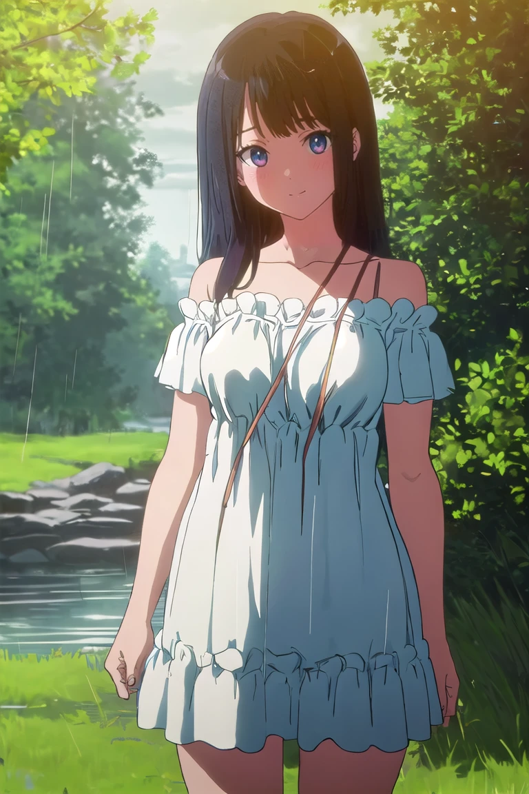 masterpiece, best quality, outdoors, field, grass, forest, rain, water drop,
1girl, solo, looking at viewer, cowboy shot, leaning forward, head tilt, shirt, blue shirt, collarbone, short sleeves, t-shirt, off shoulder, oversized shirt, naked shirt, oversized clothes, see-through silhouette, see-through shirt, large breasts, covered nipples, 
